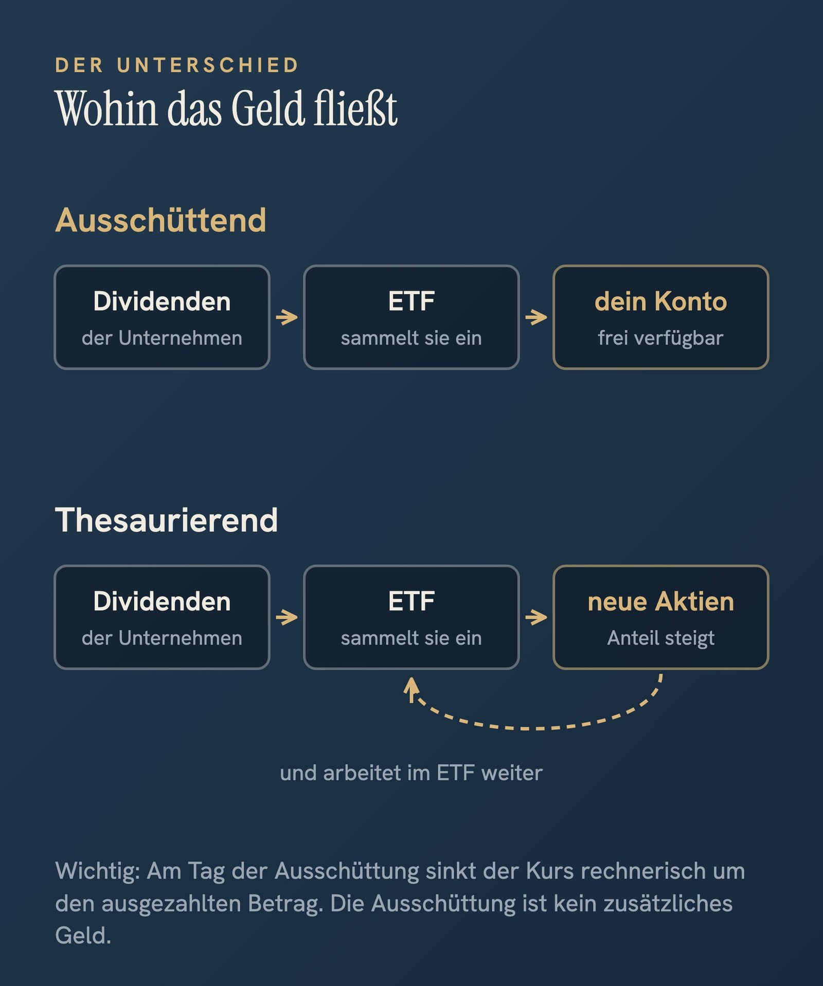 Schema: Bei einem ausschüttenden ETF fließen die Dividenden der Unternehmen über den ETF auf dein Konto. Bei einem thesaurierenden ETF kauft der ETF davon neue Aktien, der Anteil wird mehr wert. Am Tag der Ausschüttung sinkt der Kurs um den ausgezahlten Betrag.
